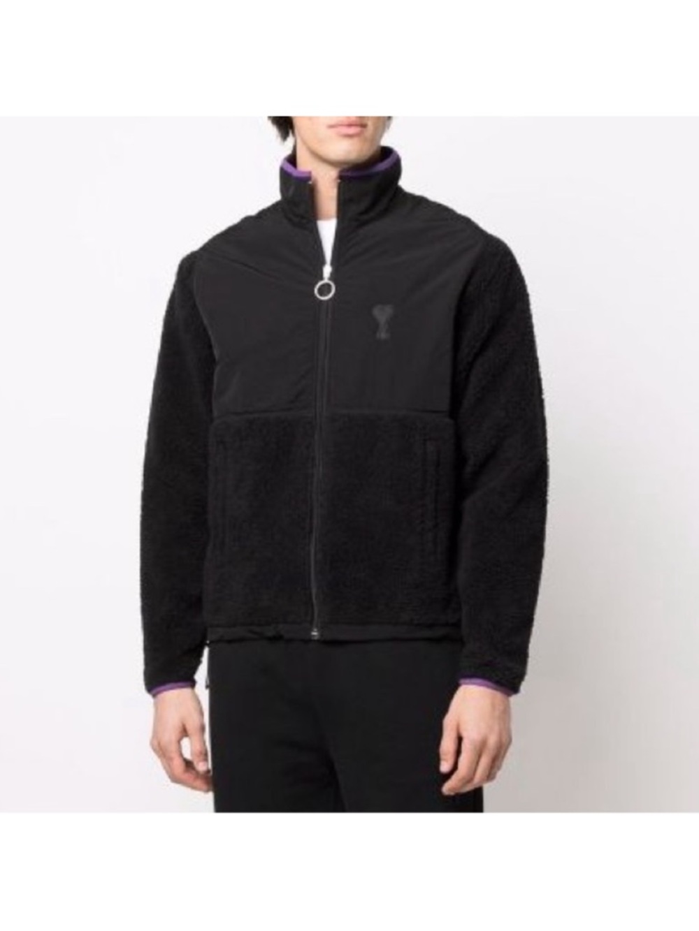 Ami Alexandre Mattiussi Black Lightweight Teddy Fleece Jacket with Purple Trim